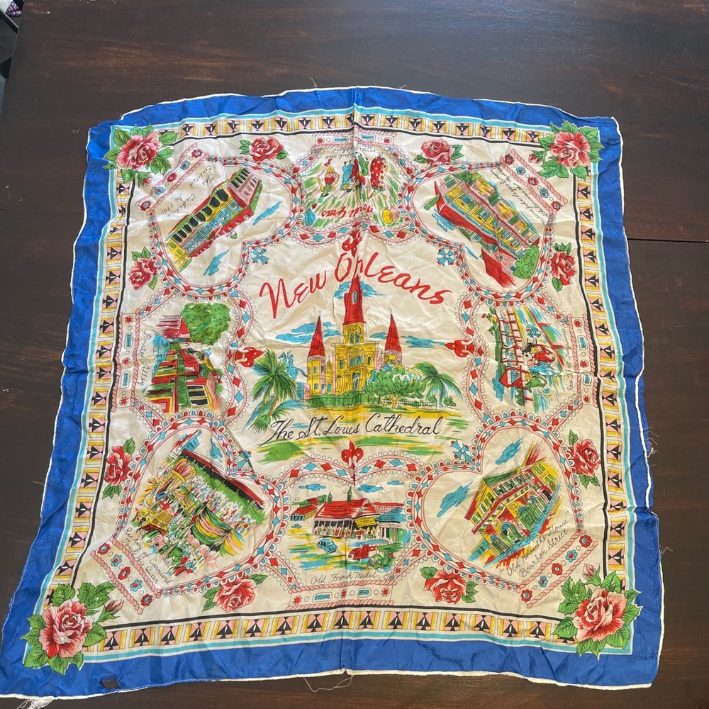 Vintage New Orleans Souvenir Scarf St Louis Cathedral Bourbon Street Blue 28x28